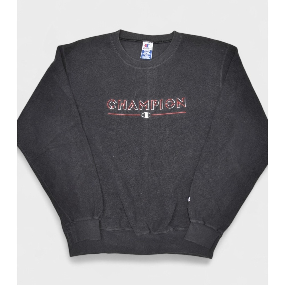 Vintage Champion Sweatshirt Mens XL Black Fleece Crewneck Spell Out Pile